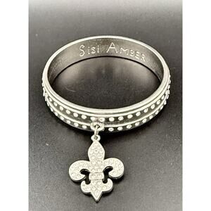 Silver Tone Rhinestone Bangle Fleur De Lis Charm Statement Bracelet